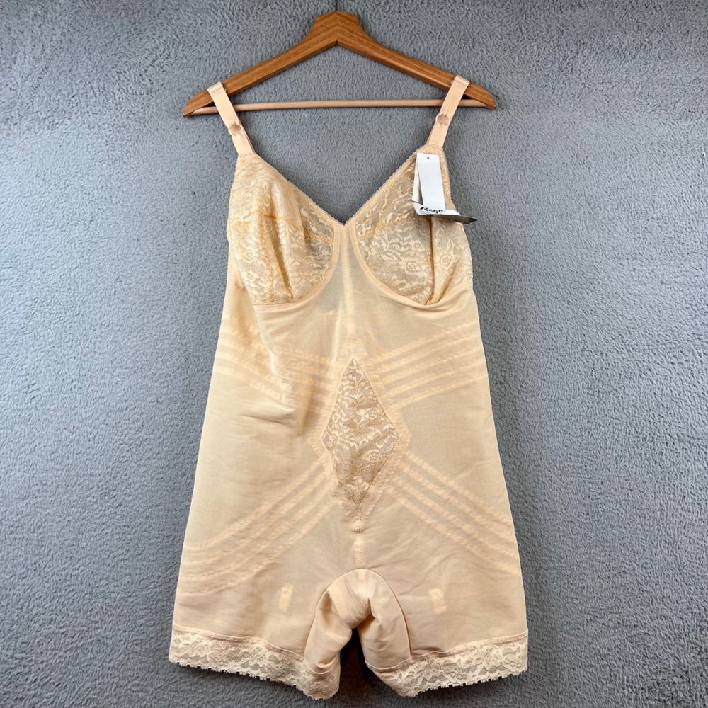 Rago 9071 Vintage Peach Lace Full Slip Girdle Body Shaper Control Panty 44DD